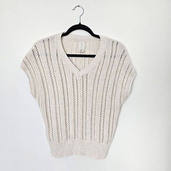 Joie Sweater Women's XS Ivory Knit Ribbed Dazzling Short Sleeve V-Neck Gorpcore - Picture 1 of 7